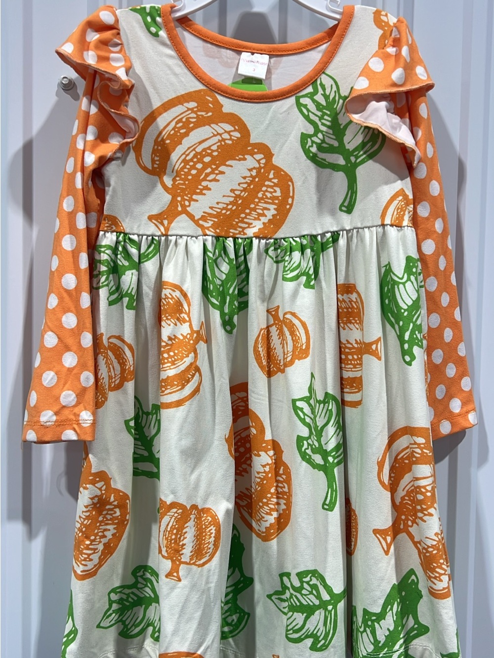 Girls Orange & Green Pumpkin Print Long Sleeve Dress